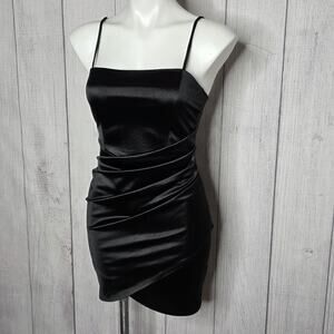 Y2K Black Satin Mini Dress Bodycon Spaghetti Strap Clubwear, sz Small
